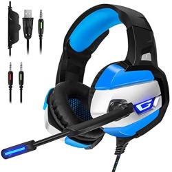 Computer Gaming Headset, Head-Mounted Gaming Headphone, ABS Gaming Headset Lighting Headphone with Microphone for Mobile Phone Computer(Black Blue)
