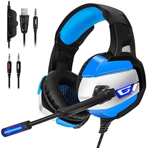 Computer Gaming Headset, Head-Mounted Gaming Headphone, ABS Gaming Headset Lighting Headphone with Microphone for Mobile Phone Computer(Black Blue)