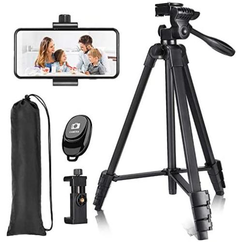 57 inch Phone Tripod, Lightweight Tripod Aluminum Portable Smartphone Tripod with Phone Holder & Remote Shutter and Carry Bag for Travel & Video Shooting - Black