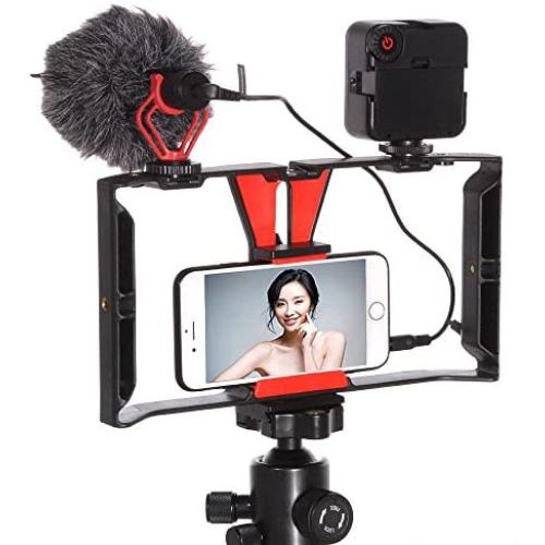 FocusFoto Smartphone Video Rig Camera Cage Mount Holder Stabilizer Handle Grip with BOYA by-MM1 Shotgun Microphone Mic + 49 LED Light Kit for Mobile Phone iPhone Filmmaking Professional Videomaker