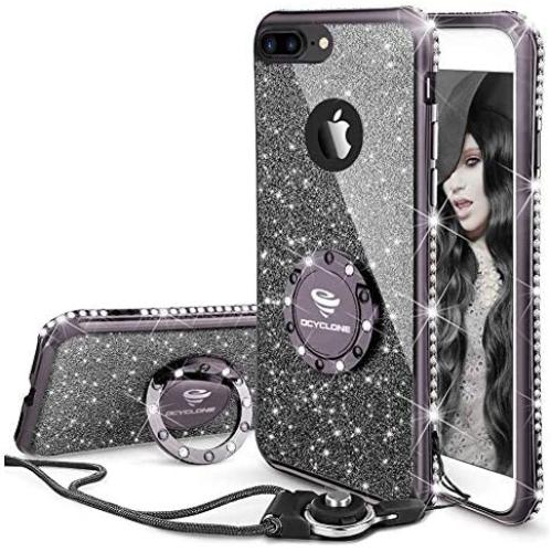 Cute iPhone 8 Plus Case, Cute iPhone 7 Plus Case, Glitter Luxury Bling Diamond Rhinestone Bumper with Ring Grip Kickstand Protective Thin Girly iPhone 8 Plus/ 7 Plus Case for Women Girl - Black