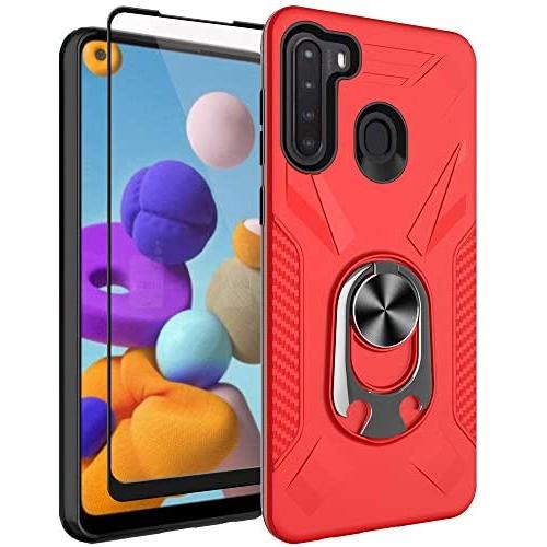 Oleaders for Galaxy A21 Case with Tempered Glass Screen Protector, Rotatable Metal Ring Holder Compatible with Magnetic Car Kickstand Case for Samsung Galaxy A21 - Red