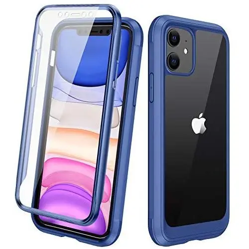 Diaclara Clear Designed for iPhone 11 Case, Full Body Rugged Case with Built-in Touch Sensitive Anti-Scratch Screen Protector, Soft TPU Bumper Case Cover for iPhone 11 6.1" (Blue and Clear)