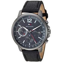 Tommy Hilfiger Mens Stainless Steel Quartz Watch with Leather Calfskin Strap, Black, 20 (Model: 1791533)