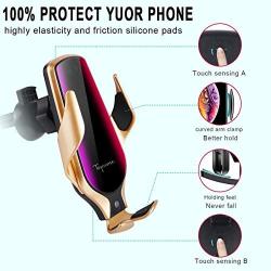 Smart Sensor Wireless Car Charger Mount, Automatic Clamping QC/QI 10W Fast Charging Car Charger Holder Compatible with iPhone 11/Xs/Xs Max/XR/X /8,Samsung Galaxy Note 9/ S9/ S9+/ S8 etc(Gold)