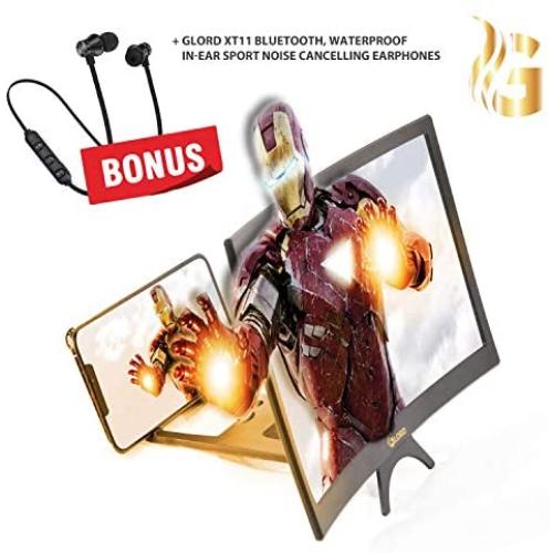 Curved Screen Magnifier -3D- 2 to 4 Times Amplifier for Smartphone Display with Radiation Protection - 12-Inch HD Universal Magnifying Stand for Movies, Video - with Wireless Waterproof Earphones