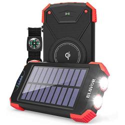 Solar Power Bank, Qi Portable Charger 10,000mAh External Battery Pack Type C Input Port Dual Flashlight, Compass, Solar Panel Charging (Red)