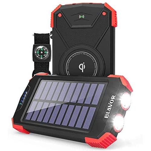 Solar Power Bank, Qi Portable Charger 10,000mAh External Battery Pack Type C Input Port Dual Flashlight, Compass, Solar Panel Charging (Red)