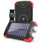 Solar Power Bank, Qi Portable Charger 10,000mAh External Battery Pack Type C Input Port Dual Flashlight, Compass, Solar Panel Charging (Red)