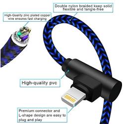 Right Angle iPhone Charger Cable 3 Pack 10 FT 90 Degree Lightning Cable Extra Long Nylon Braided Charging and Syncing Cord Compatible with iPhone Xs Max/XS/XR/X/ 8/8 Plus (Blue Black,10Foot)