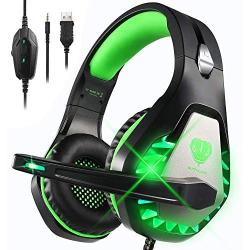 DIWUER Stereo Gaming Headset for Nintendo Switch, PS4, Xbox One with Noise Cancelling Mic, Soft Earmuffs Surround Sound Over Ear Headphones with LED Light for PC, Mac, Laptop