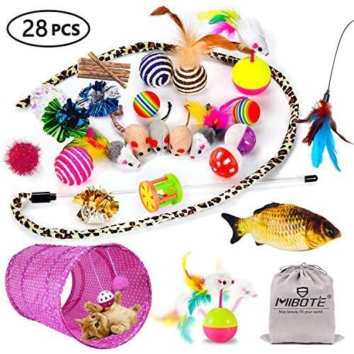 MIBOTE 28 Pcs Cat Toys Kitten Toys Assorted, Cat Tunnel Catnip Fish Feather Teaser Wand Fish Fluffy Mouse Mice Balls and Bells Toys for Cat Puppy Kitty with Storage Bag