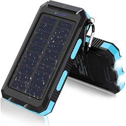 Solar Charger, 20000mAh Portable Outdoor Waterproof Solar Power Bank, Camping External Backup Battery Pack Dual 5V USB Ports Output, 2 Led Light Flashlight with Compass (Blue)