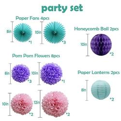 Teal Lavender Purple Pink Party Decorations 16pcs Paper Pom Poms Honeycomb Balls Blue Lanterns Tissue Fans for Wedding Birthday Baby Shower Frozen Party Supplies