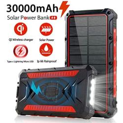 Solar Power Bank 30000mAh, Solar Charger, Qi Wireless Charger, Outputs 5V/3A High-Speed & 2 Inputs Huge Capacity Phone Charger for Smartphones, IP66 Rating, Strong Light LED Flashlights