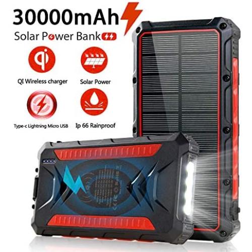 Solar Power Bank 30000mAh, Solar Charger, Qi Wireless Charger, Outputs 5V/3A High-Speed & 2 Inputs Huge Capacity Phone Charger for Smartphones, IP66 Rating, Strong Light LED Flashlights