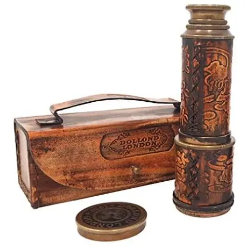 Brass Nautical - Antique Working Telescope/Spyglass Replica in Leather Box, with Glass Optics, Extendable to 14 inches, Made of Pure Brass, Decorative Kids Scope Brass Nautical - Antique Working Telescope/Spyglass Replica in Leather Box, with Glass Optics, Extendable to 14 inches, Made of Pure Brass, Decorative Kids Scope