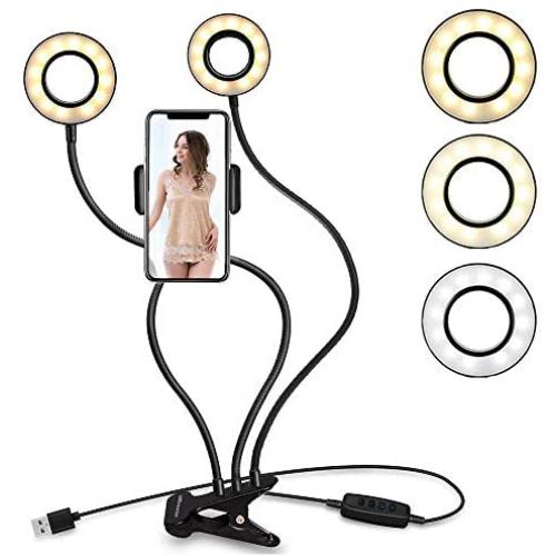 Selfie Ring Light for Phone,Double LED Ring Light with Stand and Phone Holder for Live Stream/Makeup,Small Ring Light with 3 Light Modes and 10 Brightness Levels
