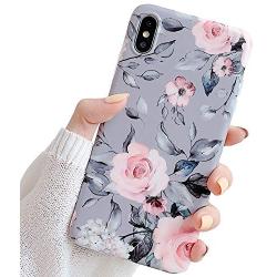 YeLoveHaw iPhone Xs Case for Girls, Flexible Soft Slim Fit Full-Around Protective Cute Shell Phone Case Cover with Purple Floral and Gray Leaves Pattern for iPhone X/XS 5.8 Inch (Pink Flowers)