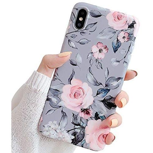 YeLoveHaw iPhone Xs Case for Girls, Flexible Soft Slim Fit Full-Around Protective Cute Shell Phone Case Cover with Purple Floral and Gray Leaves Pattern for iPhone X/XS 5.8 Inch (Pink Flowers)