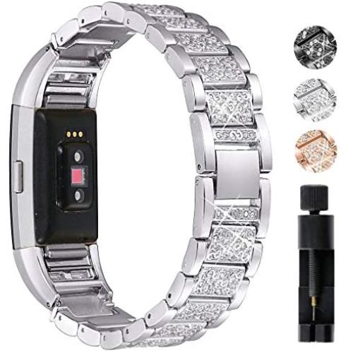 Valchinova Fitbit Charge 2 Band with Bling Rhinestone Adjustable Metal Fitbit Charge 2 Strap Bracelet Replacement Black Silver Rose Gold (Silver)
