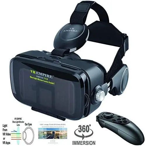 VR Headset Virtual Reality Headset 3D Glasses with 120°FOV, Anti-Blue-Light Lenses, Stereo Headset, for All Smartphones with Length Below 6.3 inch Such as iPhone & Samsung HTC HP LG etc.