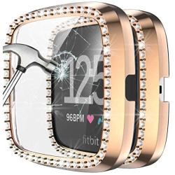 Landhoo Rose Gold Hard Case Compatible with Fitbit Versa 2 Screen Protector Bling, PC case That Have Clarity PMMA Screen Protector and Shiny Diamond Bumper Overall Protective Cover for Women Watch.