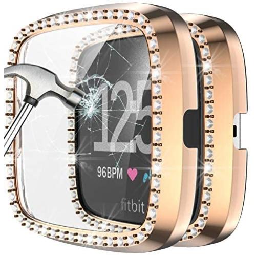 Landhoo Rose Gold Hard Case Compatible with Fitbit Versa 2 Screen Protector Bling, PC case That Have Clarity PMMA Screen Protector and Shiny Diamond Bumper Overall Protective Cover for Women Watch.