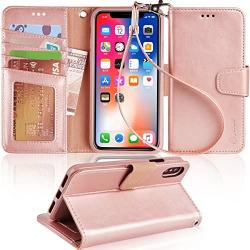 Arae Case for iPhone X/Xs, Premium PU Leather Wallet Case [Wrist Straps] Flip Folio [Kickstand Feature] with ID&Credit Card Pockets for iPhone X (2017) / Xs (2018) 5.8 inch (not for Xr) - Rose Gold