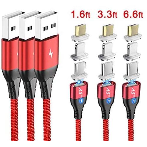 A.S 3 in 1 Magnetic USB Cable, Fast Charging & Data Sync Cable with Diamond Led, Compatible with Micro USB I-Product and Type C Smartphones (1.6ft,3.3ft,6.6ft Red)