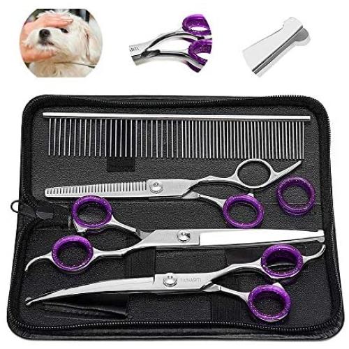 FanArti 8" Stainless Steel Dog Grooming Scissors Kit With Blunt Round Tip Professional 4CR Heavy Duty Titanium Coated Pet Trimmer Kit Low Noise Thinning, Straight, Curved Shears Comb for Long Hair