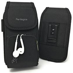 Perilogics Belt Holster for iPhone 11, 11 Pro Max, Xs Max, Xr, 8 Plus with Armor Type Phone Cases. Strong Velcro Closure with Dual Directional Zipper Storage and Credit Card Pocket. (Black/Velcro)