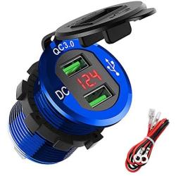 Quick Charge 3.0 Dual USB Charger Socket, ADSDIA Waterproof Aluminum Power Outlet Fast Charge with LED Voltmeter & Wire Fuse DIY Kit for 12V/24V Car Boat Marine Motorcycle Truck Golf Cart and More