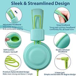 POWMEE M2 Kids Headphones Wired Headphone for Kids,Foldable Adjustable Stereo Tangle-Free,3.5MM Jack Wire Cord On-Ear Headphone for Children/Teens/Girls/School/Kindle/Airplane/Plane/ (Mint Green)