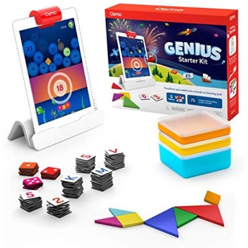 Osmo - Genius Starter Kit for iPad - 5 Hands-On Learning Games - Ages 6-10 - Math, Spelling, Problem Solving, Creativity & More - (Osmo iPad Base Included)