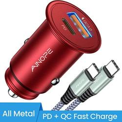 USB C Car Charger Super Mini AINOPE All Metal 36W Fast USB Car Charger PD&QC 3.0 Dual Port Car Adapter Fit Compatible with iPhone 11/11 Pro/11 Pro Max/XS, Samsung Note 10/S10, Google Pixel 3/2/XL-Red