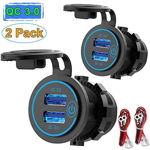 [2 Pack] 12V USB Outlet, Quick Charge 3.0 Dual USB Power Outlet with Touch Switch, Waterproof 12V/24V Fast Charge USB Charger Socket DIY Kit for Car Boat Marine Bus Truck Golf Cart RV Motorcycle etc.