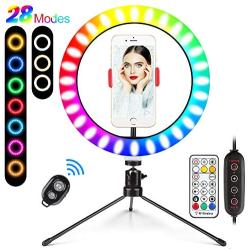 HAUEA Selfie Ring Light with Tripod Stand 10”LED Ring Light with 25 RGB Modes Dimmable Led Camera Ring Light with Two Remote Control & Phone Holder Circle Light for Live Stream/Makeup/YouTube Video