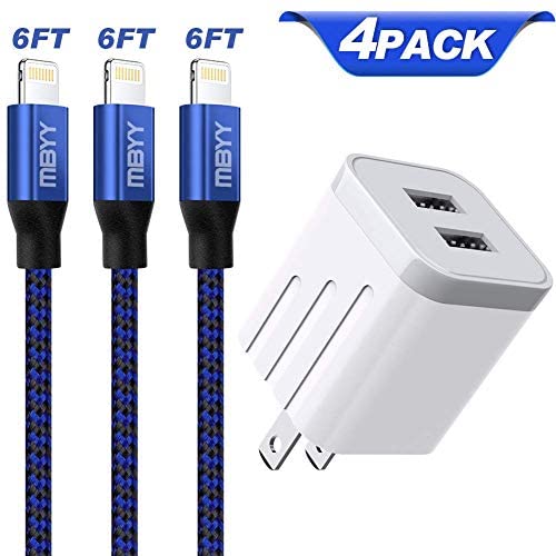 iPhone Charger MFi Certified, 3 Pack 6FT Lightning Cable iPhone Cable Nylon Braided and USB Wall Adapter Plug Block Compatible iPhone 11 Pro Max XS XR X 8 7 Plus 6s 6 SE iPad iPod More