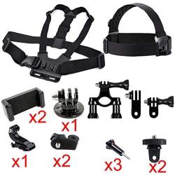 Action Camera Accessories Handlebar Head Chest Mount Strap Harness Adaptor with Cell Phone Clip for Sony Action Cam/XiaoMi YI 4K+4K,Lite/Gopro Hero/iPhone Xs Max XS XR 8+7+6+5 Any Cellphone Selfie