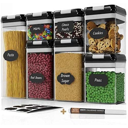 Chefs Path Airtight Food Storage Container Set - 7 PC Set - Labels & Marker - Kitchen & Pantry Organization Containers - BPA-Free - Clear Plastic Canisters for Flour, Cereal with Improved Lids