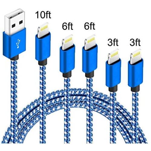 5Pack(3ft 3ft 6ft 6ft 10ft) iPhone Lightning Cable Apple MFi Certified Braided Nylon Fast Charger Cable Compatible iPhone Max XS XR 8 Plus 7 Plus 6s 5s 5c Air iPad Mini iPod (Blue White)