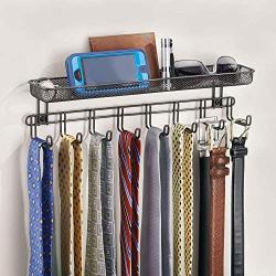 mDesign Closet Wall Mount Mens Accessory Storage Organizer Rack - Holds Belts, Neck Ties, Watches, Change, Sunglasses, Wallets - 8 Hooks and Basket - Bronze