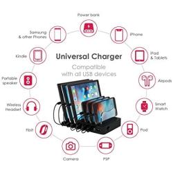 TIMSTOOL 6 USB Charging Station for Multiple Devices - No Buzz - LED Indication - Smart Fast Charging Dock Compatible with iPhone iPad Cellphone Black