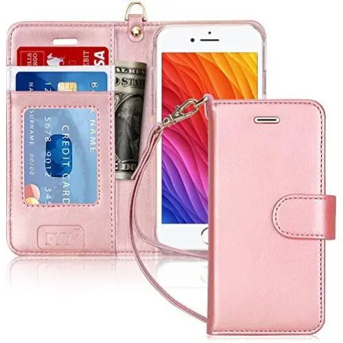 FYY Case for iPhone 8/iPhone 7/iPhone SE (2nd) 2020 4.7&quot[Kickstand Feature] Luxury PU Leather Wallet Case Flip Folio Cover with [Card Slots][Wrist Strap] for iPhone 8/7/SE (2nd) 2020 4.7&quot Rose Gold