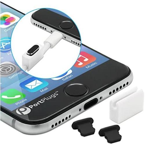 PortPlugs Anti Dust Plugs (2 Pack) Aluminum - Compatible with iPhone 11, X, XS, XR, 8, 7, 6 Plus, Max, Pro - Includes Plug Holders and Cleaning Brush (Black)