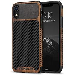 TENDLIN Compatible with iPhone XR Case Wood Grain with Carbon Fiber Texture Design Leather Hybrid Slim Case Compatible with iPhone XR (Carbon & Leather & Wood)