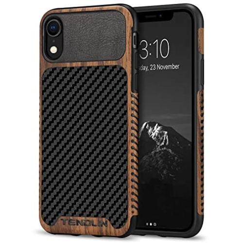 TENDLIN Compatible with iPhone XR Case Wood Grain with Carbon Fiber Texture Design Leather Hybrid Slim Case Compatible with iPhone XR (Carbon & Leather & Wood)