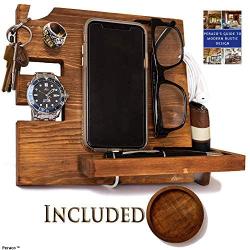 Peracos Wooden Docking Station for Men and Nightstand Organizer - Holds Phone Keys, Watch, Wallet, Ring, Pen, Glasses, Ring Comes with Coaster and eBook