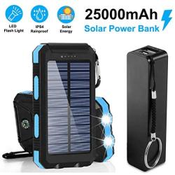 Bundle Pack Best Gift 25,000mAh Solar Charger & Power Bank, Portable Dual USB Battery Cargador External Pack Backup Phone Charger Outdoor Flashlight for Smartphone Tablet Camera Two Cord (Blue)